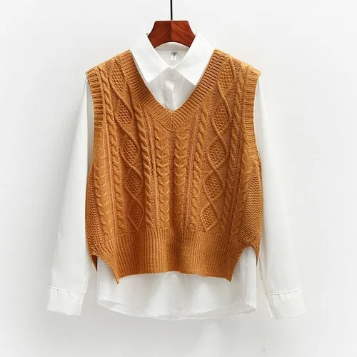 Vest Women Solid Short Loose Trendy Korean Style Sleeveless Knitted V