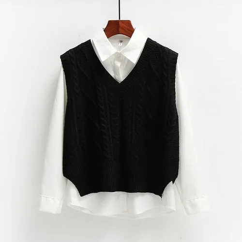 Vest Women Solid Short Loose Trendy Korean Style Sleeveless Knitted V