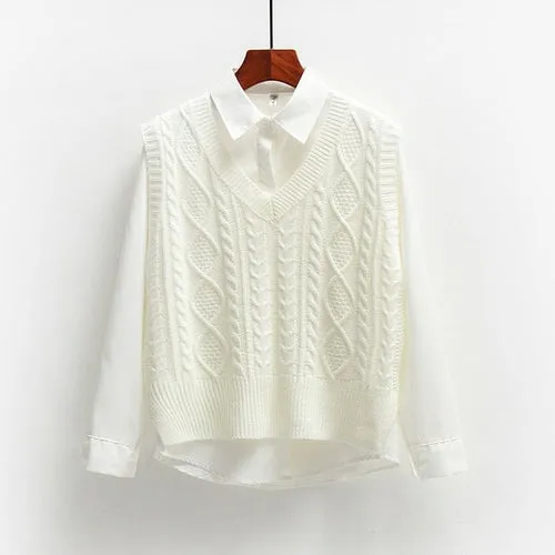 Vest Women Solid Short Loose Trendy Korean Style Sleeveless Knitted V