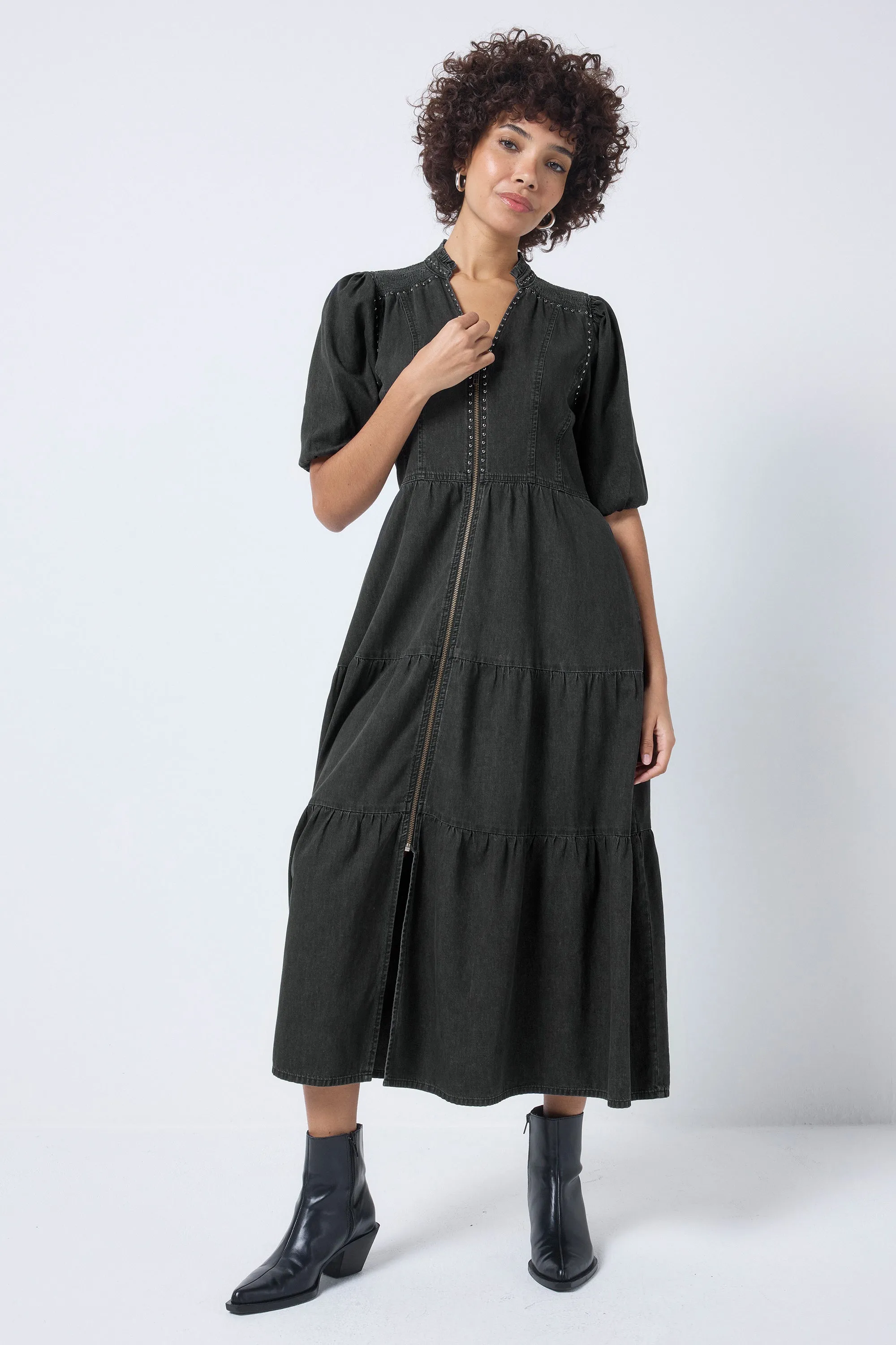 Washed Black Studded Zip Detail Tiered Midi Denim Dress