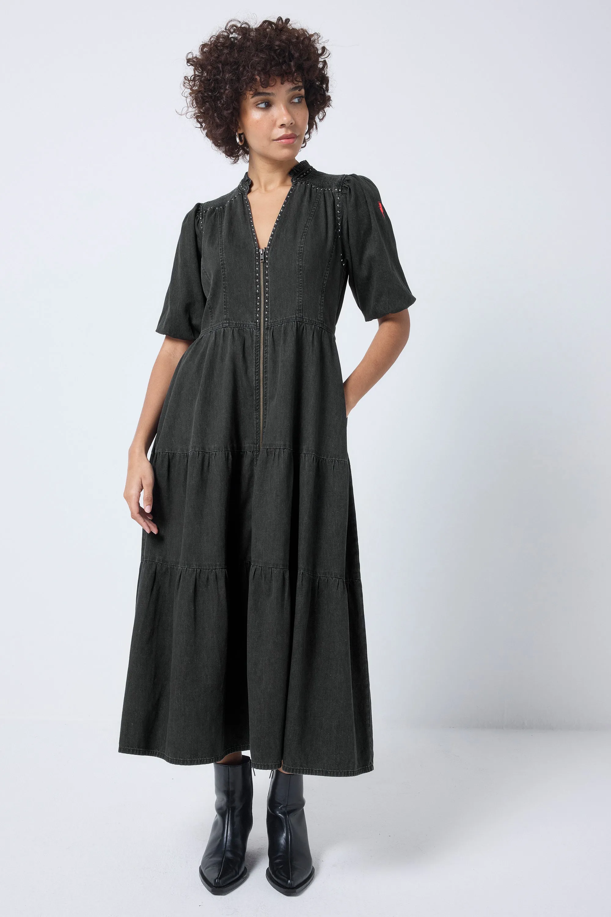 Washed Black Studded Zip Detail Tiered Midi Denim Dress