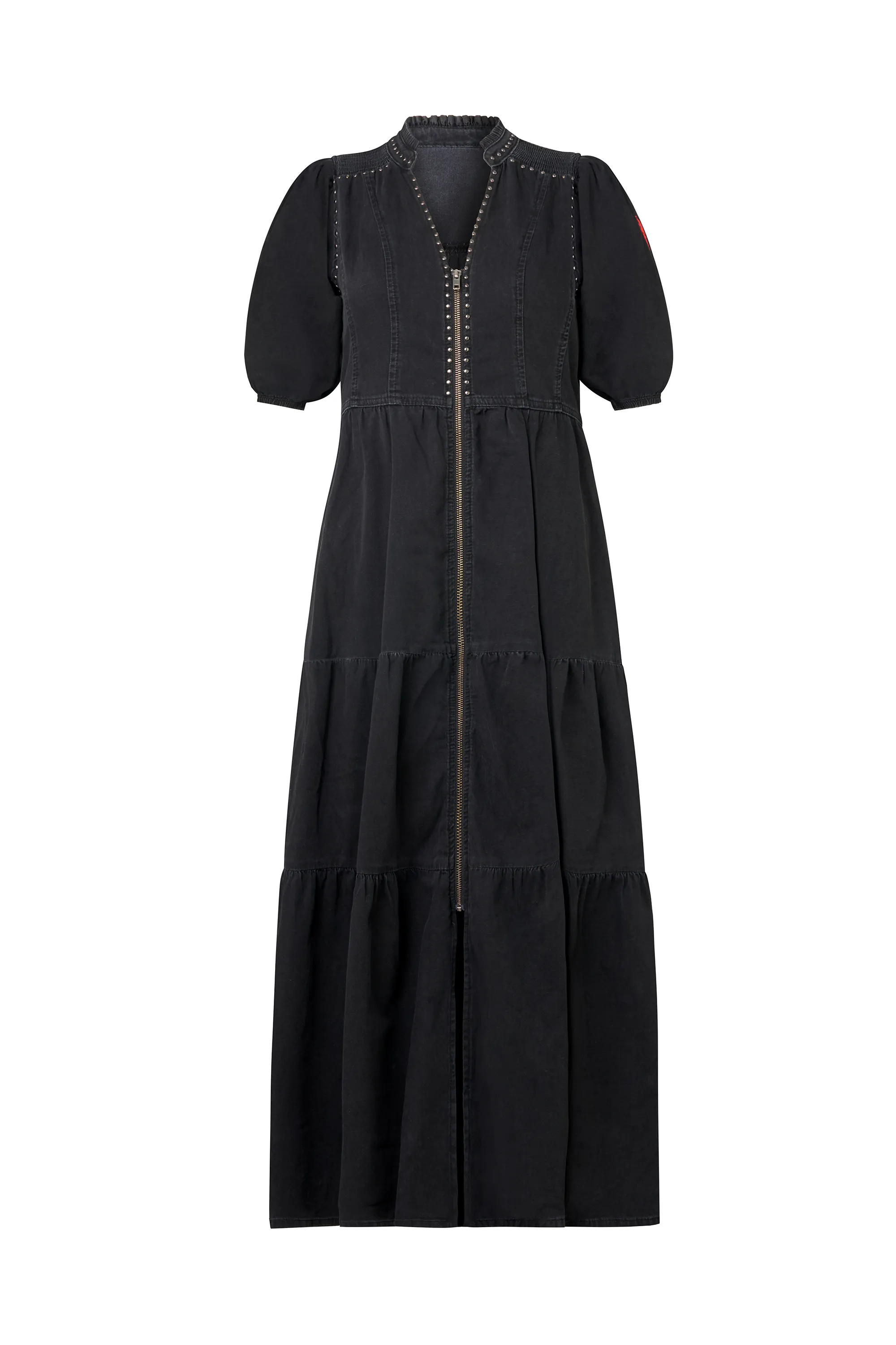 Washed Black Studded Zip Detail Tiered Midi Denim Dress
