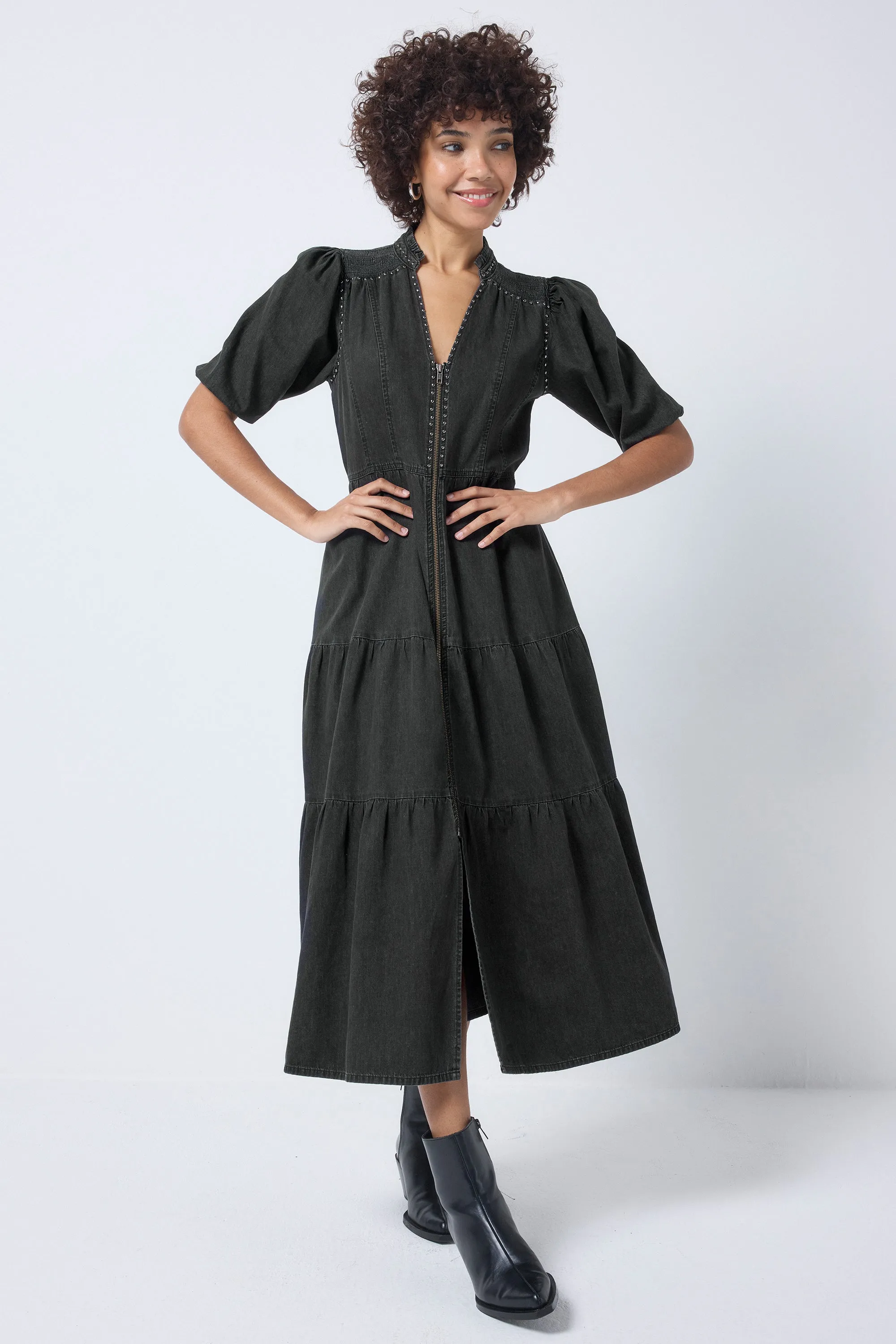 Washed Black Studded Zip Detail Tiered Midi Denim Dress