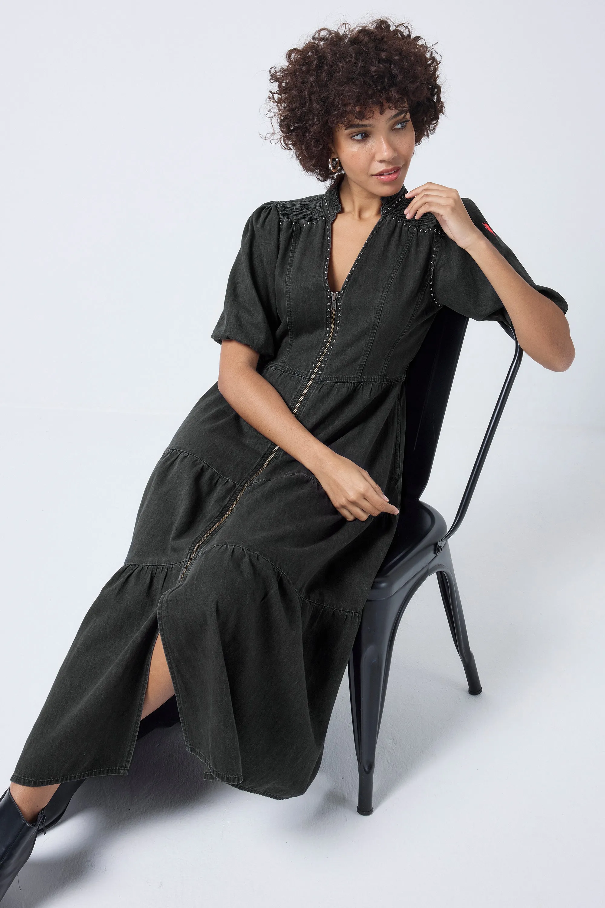 Washed Black Studded Zip Detail Tiered Midi Denim Dress