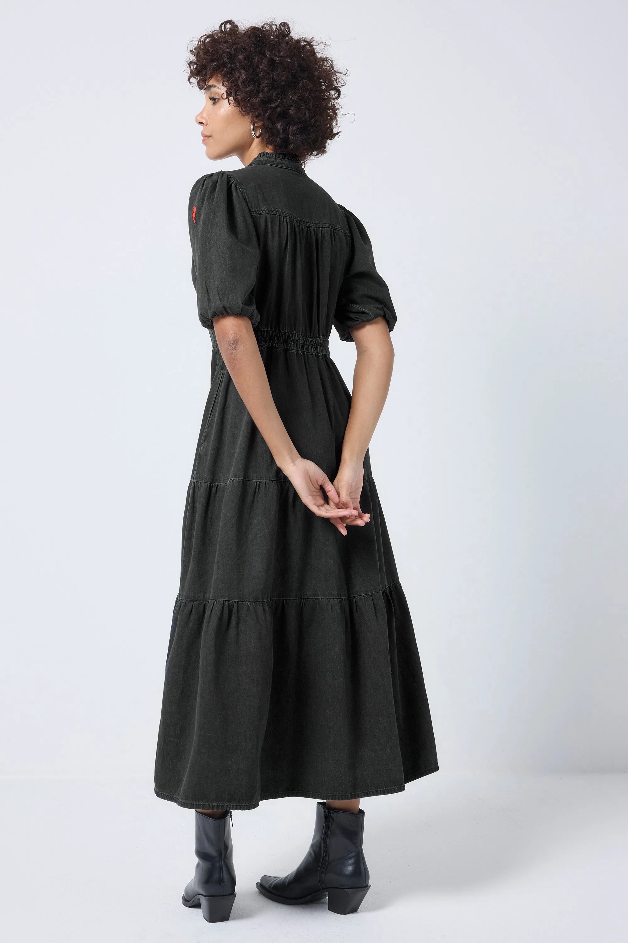 Washed Black Studded Zip Detail Tiered Midi Denim Dress
