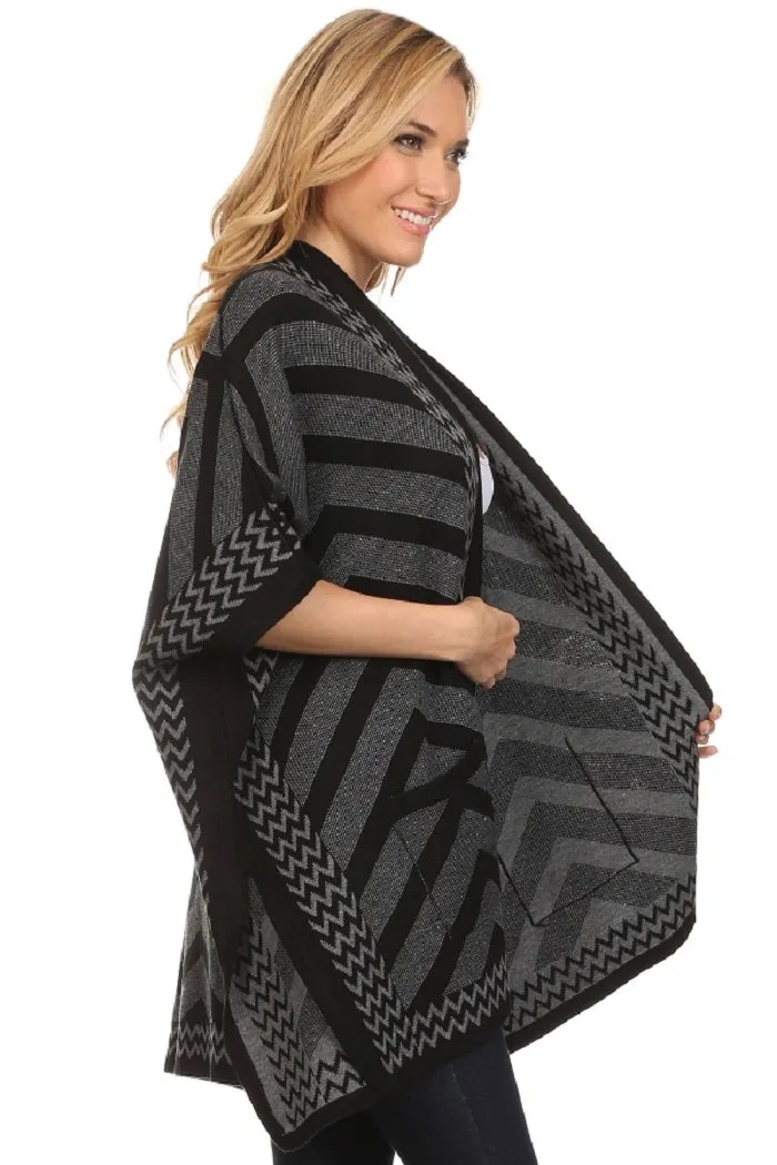 Women's Black/Gray Acrylic Chevron Print Wrap Poncho Cape with Pockets