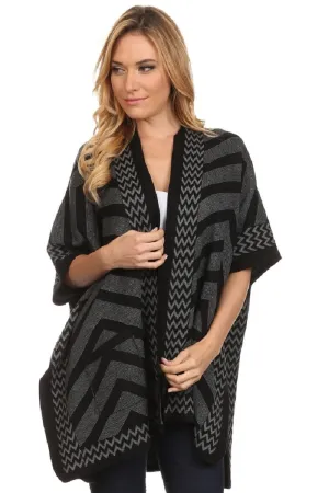 Women's Black/Gray Acrylic Chevron Print Wrap Poncho Cape with Pockets