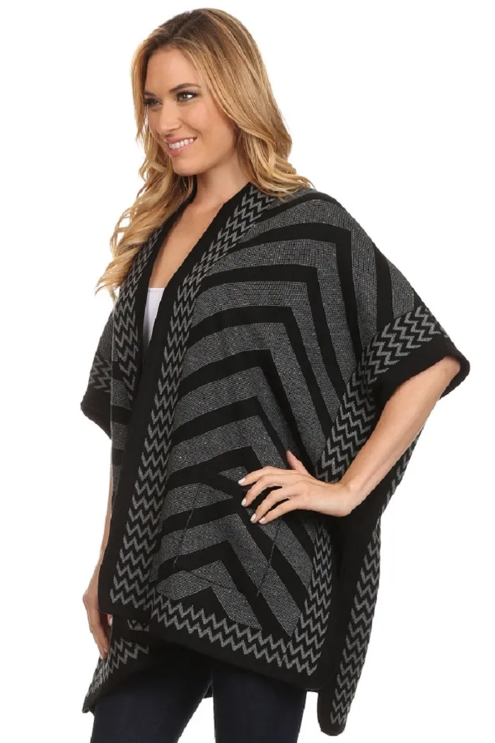 Women's Black/Gray Acrylic Chevron Print Wrap Poncho Cape with Pockets