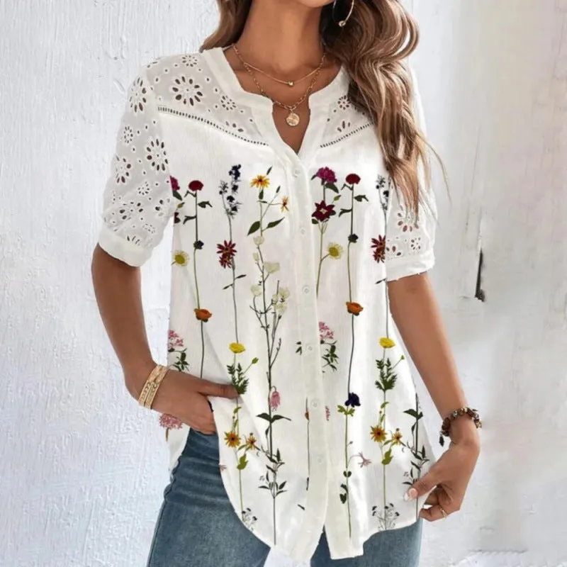 Women's Fashionable Breasted Lapel Short-sleeved Shirt Blouses
