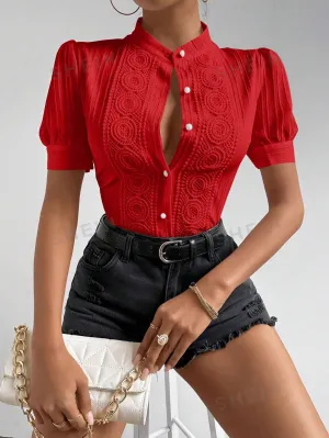 Women's Fashionable Red Short Sleeve Button-Down Shirt