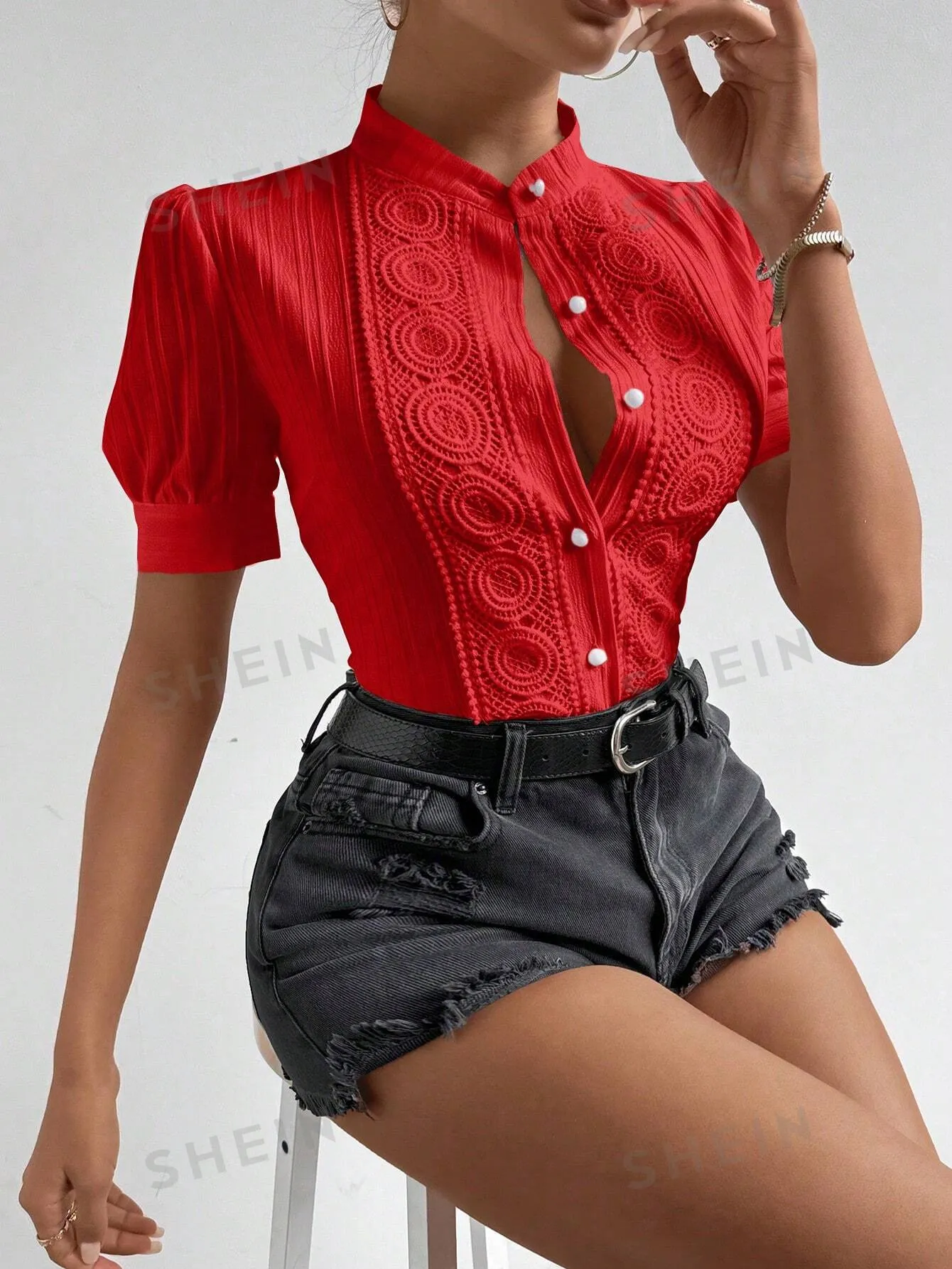 Women's Fashionable Red Short Sleeve Button-Down Shirt