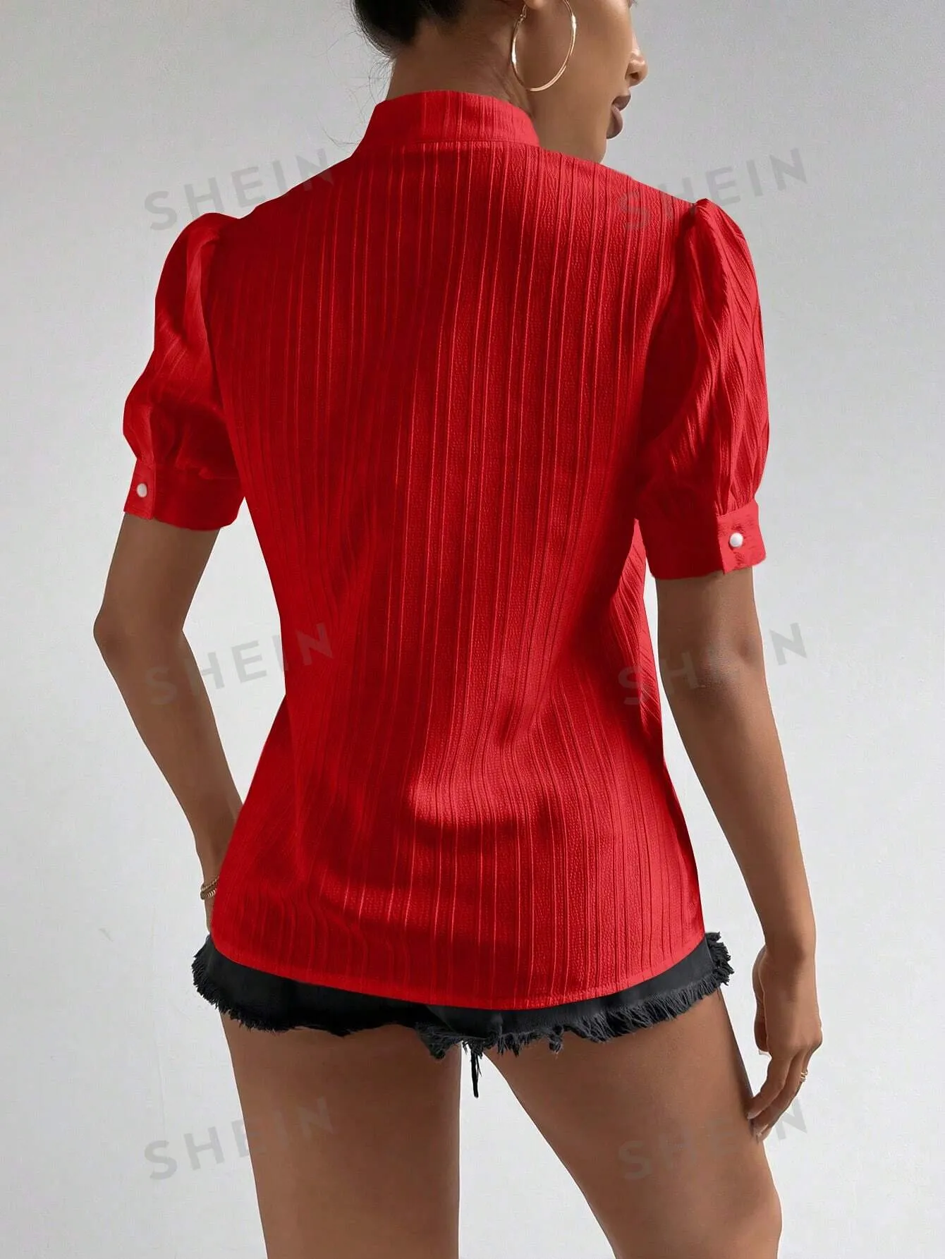 Women's Fashionable Red Short Sleeve Button-Down Shirt