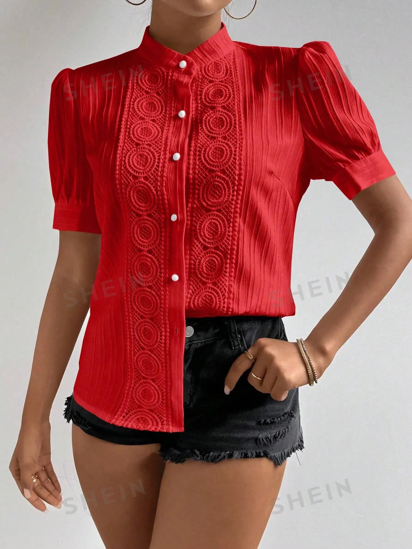 Women's Fashionable Red Short Sleeve Button-Down Shirt