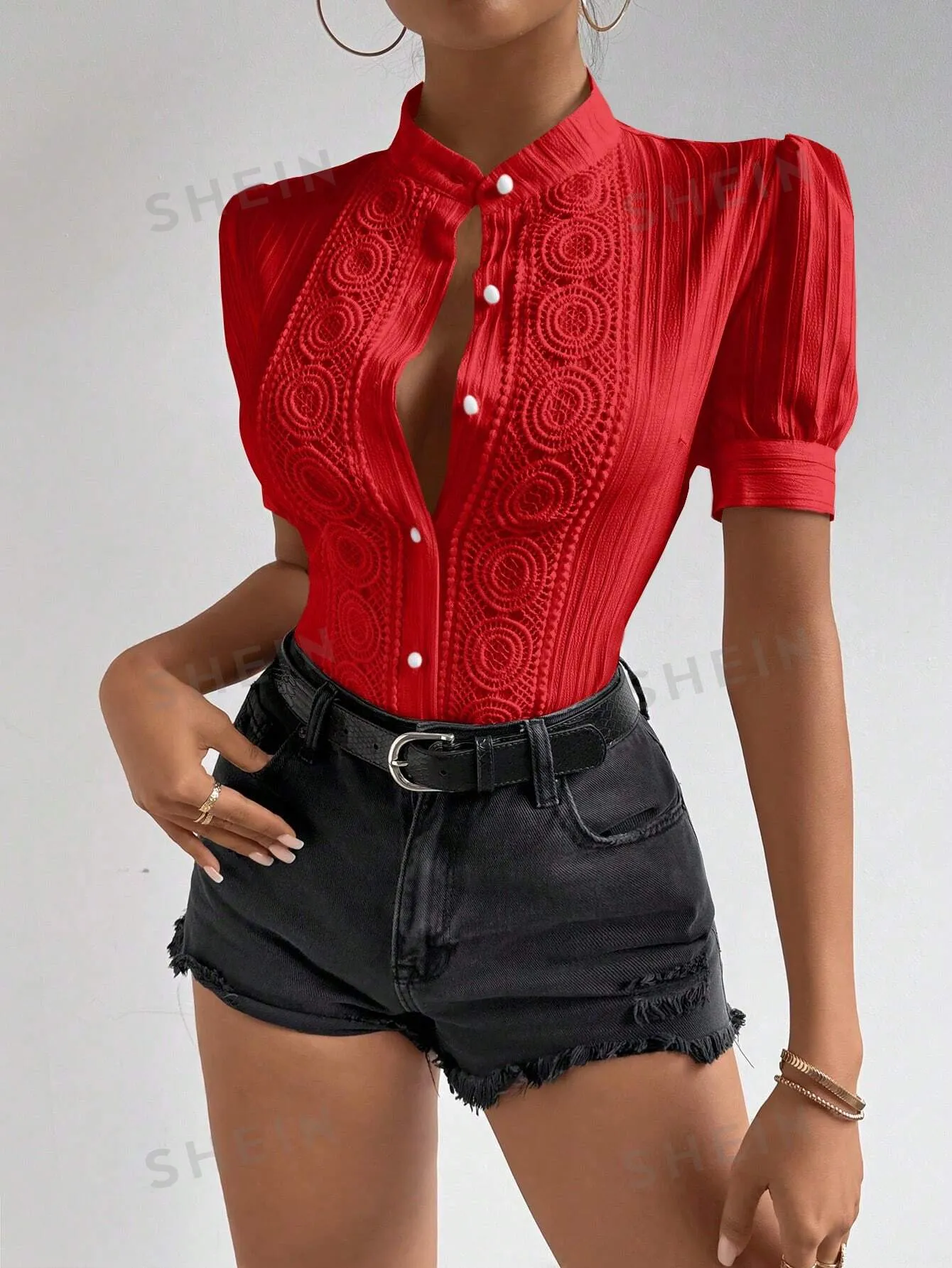 Women's Fashionable Red Short Sleeve Button-Down Shirt