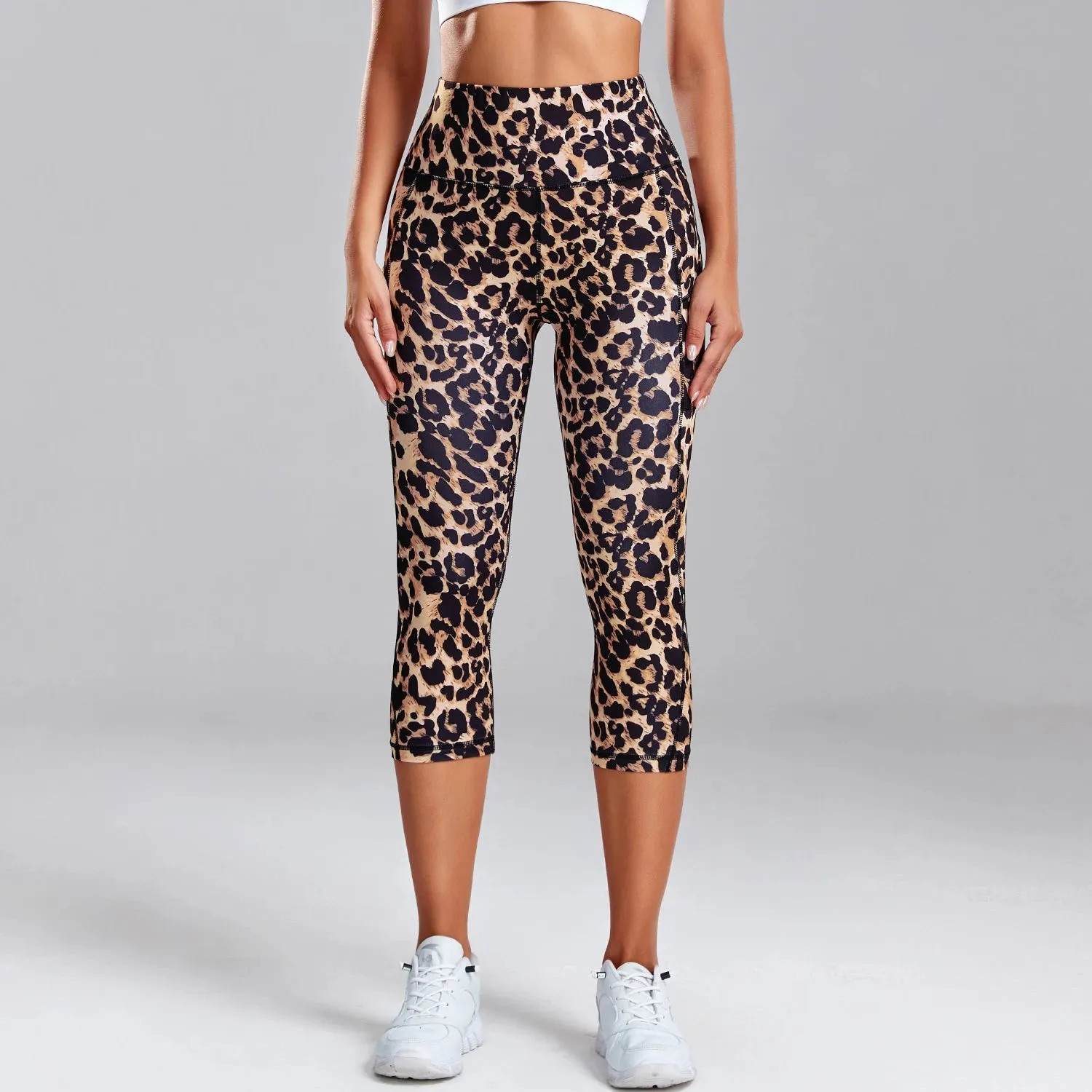 Women’s Leopard Print Yoga Capri Leggings – Gym Pants with Side Pockets