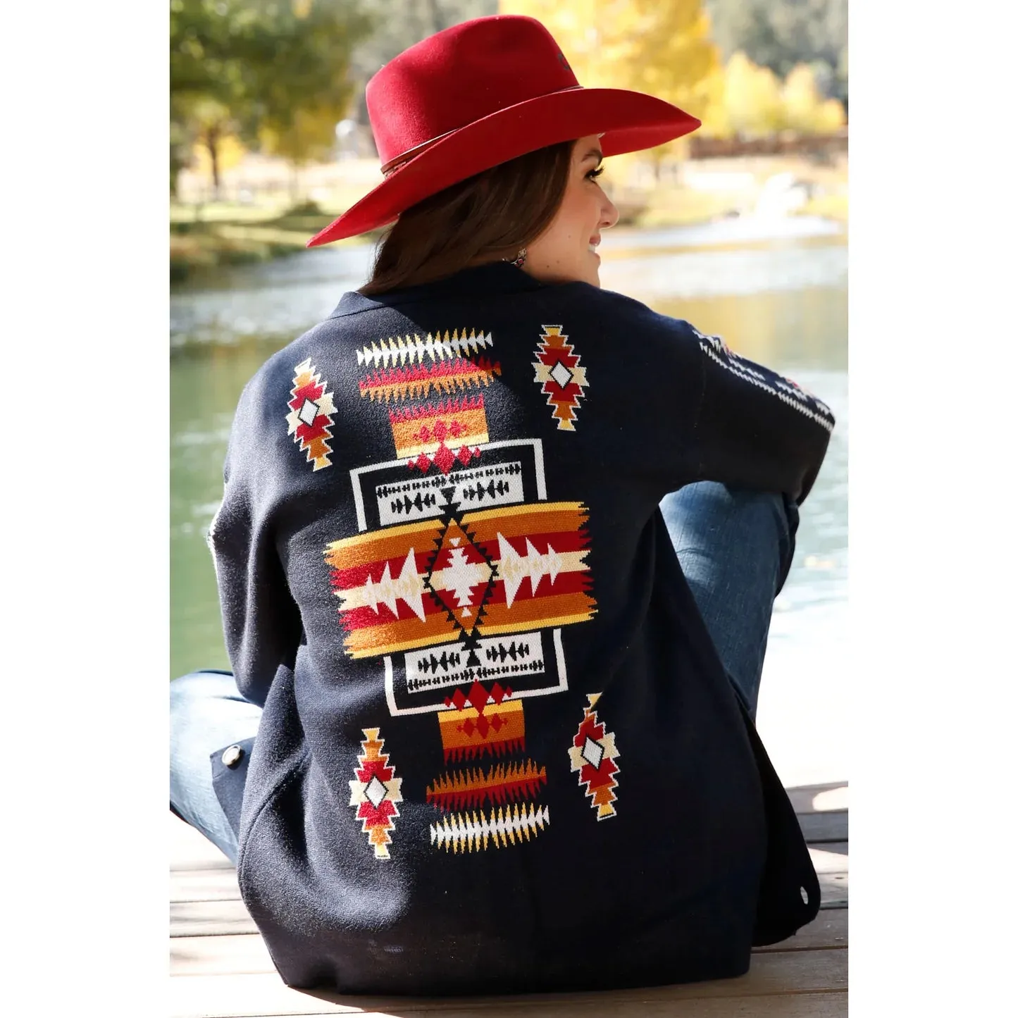 WOMEN'S SWEATER KNIT SOUTHWEST CARDIGAN - NAVY