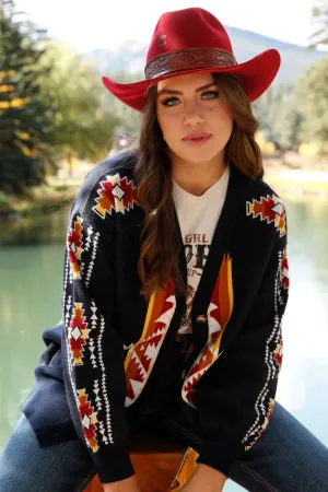 WOMEN'S SWEATER KNIT SOUTHWEST CARDIGAN - NAVY