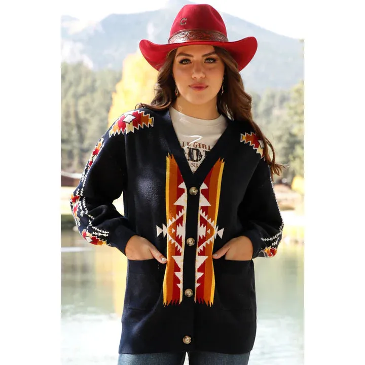 WOMEN'S SWEATER KNIT SOUTHWEST CARDIGAN - NAVY