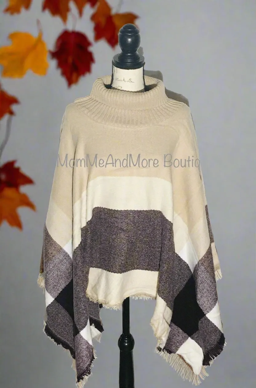 Womens Warm Beige Brown Plaid Sweater Poncho Shawl