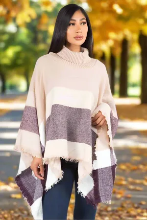 Womens Warm Beige Brown Plaid Sweater Poncho Shawl