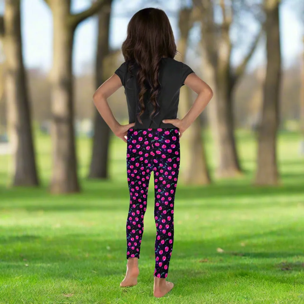 Y2K Cherry Print Kid's Leggings 2T-7 UV Protection with Four-way Stretch