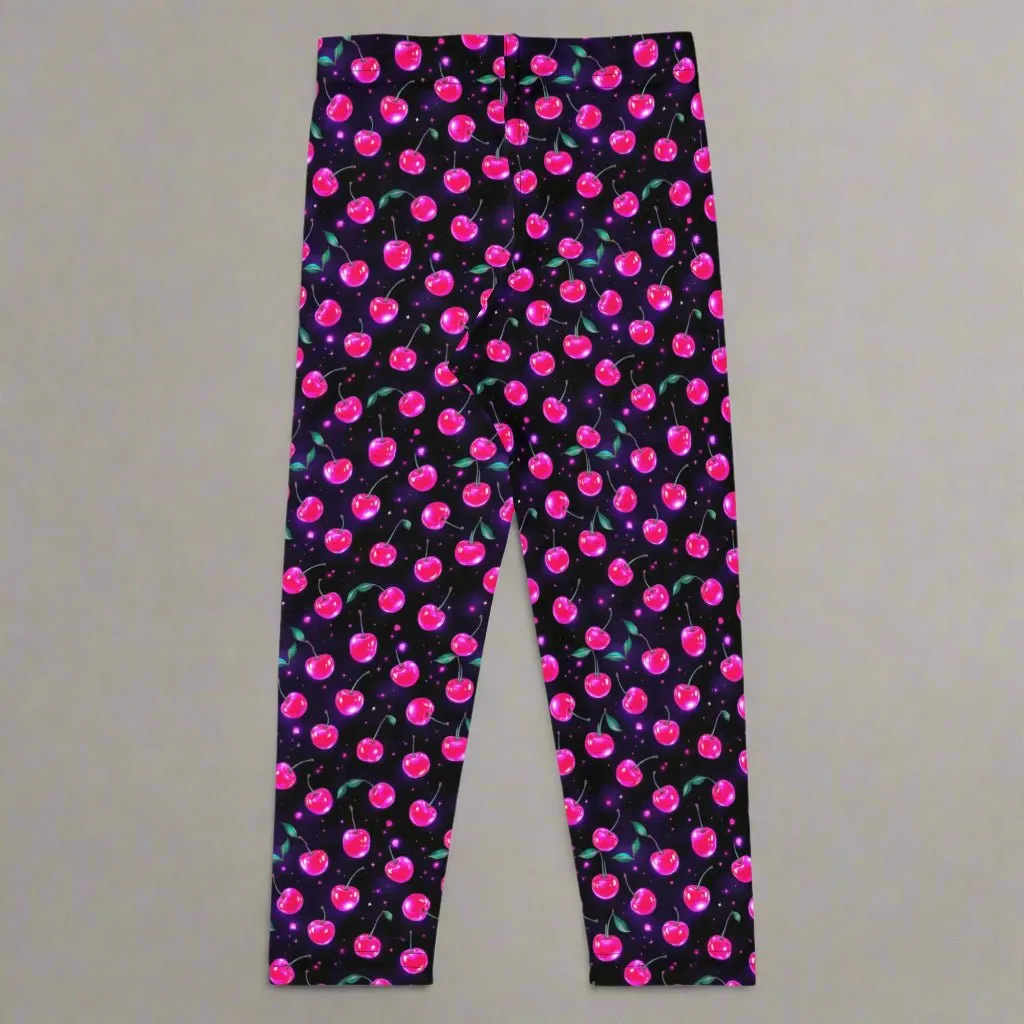 Y2K Cherry Print Kid's Leggings 2T-7 UV Protection with Four-way Stretch