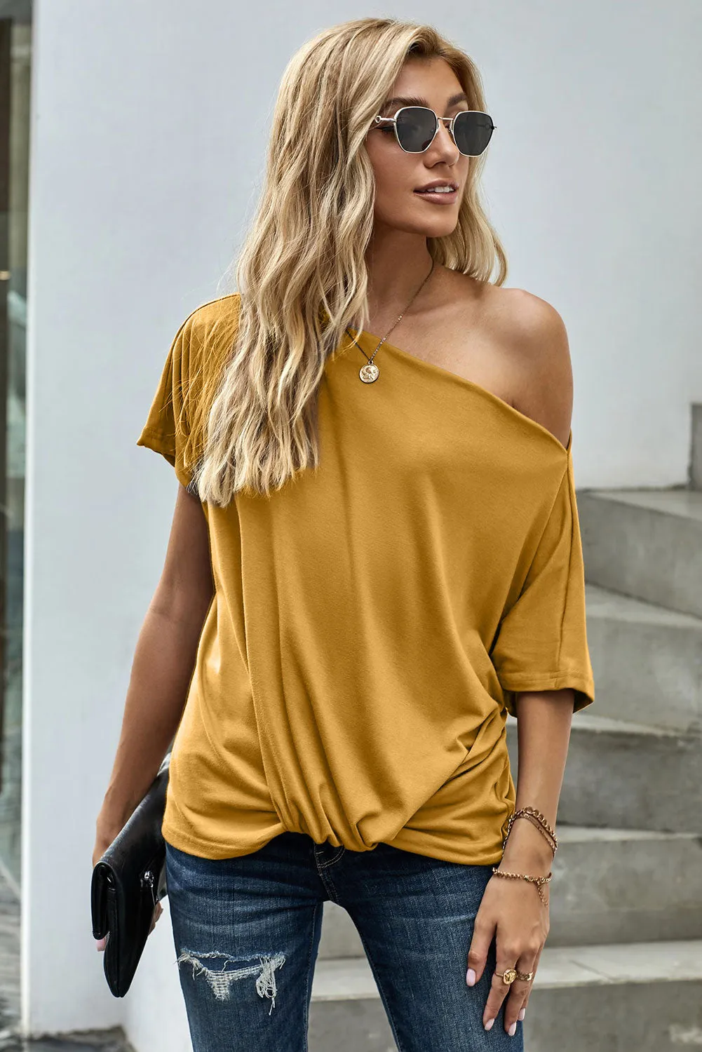 Yellow Off-The-Shoulder Slash Neck Casual Loose Fitting Top