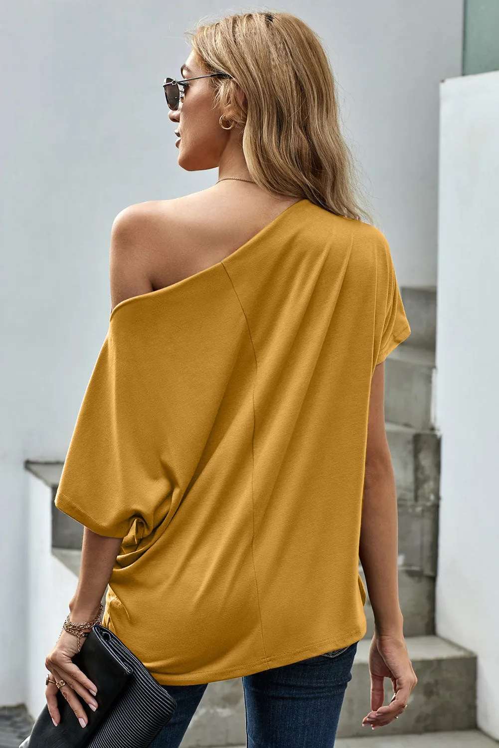 Yellow Off-The-Shoulder Slash Neck Casual Loose Fitting Top