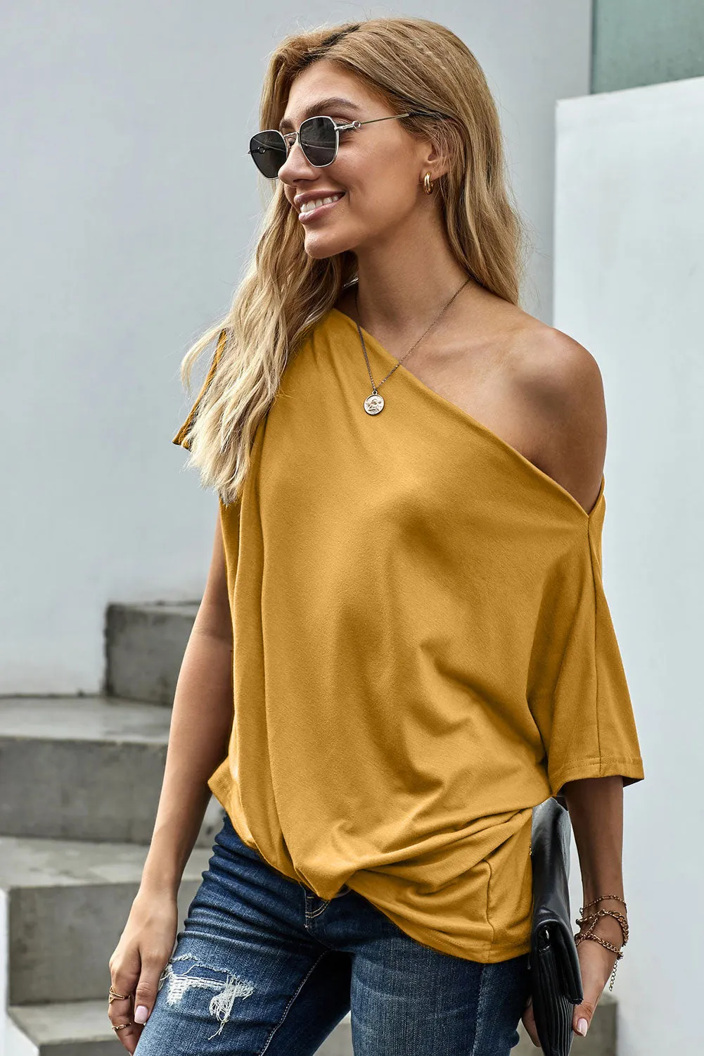 Yellow Off-The-Shoulder Slash Neck Casual Loose Fitting Top