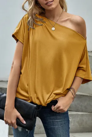 Yellow Off-The-Shoulder Slash Neck Casual Loose Fitting Top